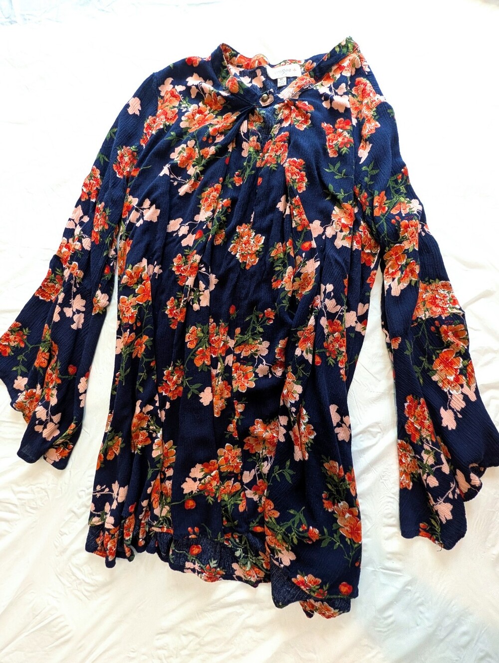 Umgee Womens XL Floral Bell Sleeve Keyhole Tunic A Line Navy Blue Boho